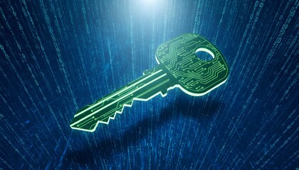 Digital Encryption Key: A gleaming digital key illuminates the essence of cybersecurity. Encoded within its structure are pathways of data.