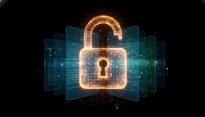 Digital Security Unveiled: An illuminated digital padlock, symbolizing access and protection, floats amidst a network of abstract data streams, illuminating the essence of cybersecurity.