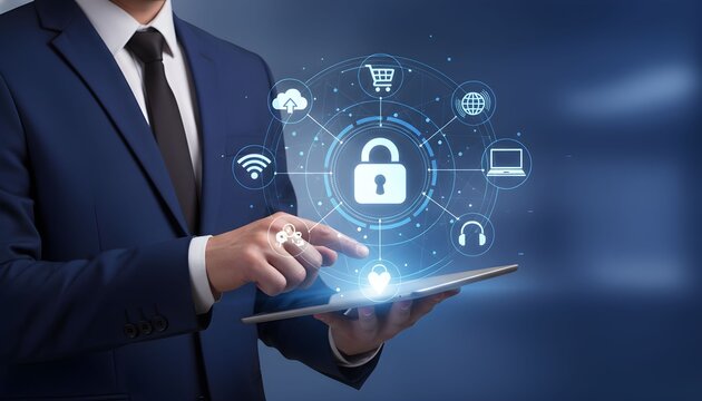 Digital Security at Hand: A distinguished figure in a business suit delicately interacts with a tablet, the forefront of cybersecurity measures.