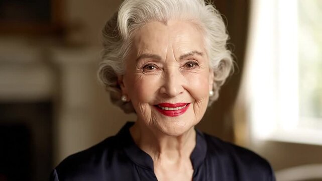 Joyful senior woman smiling, elegant and confident, looking at camera