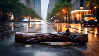 fallen log on a wet city street
