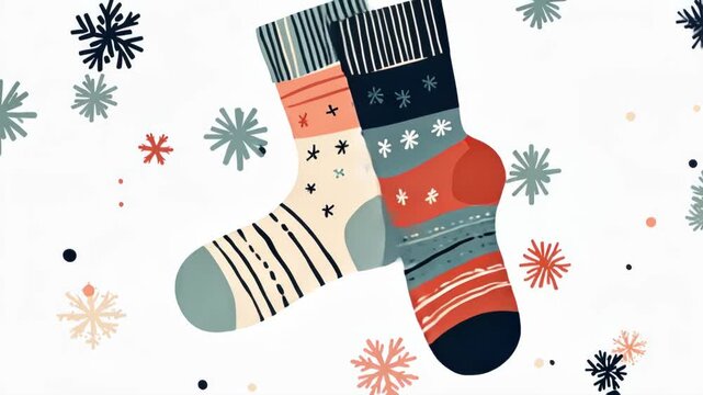 Festive winter socks with snowflake patterns on a whimsical background