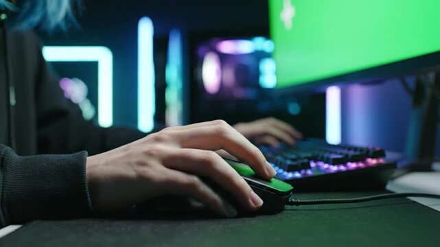 A person using a computer mouse on a desk in a dark room with neon lights and a green screen