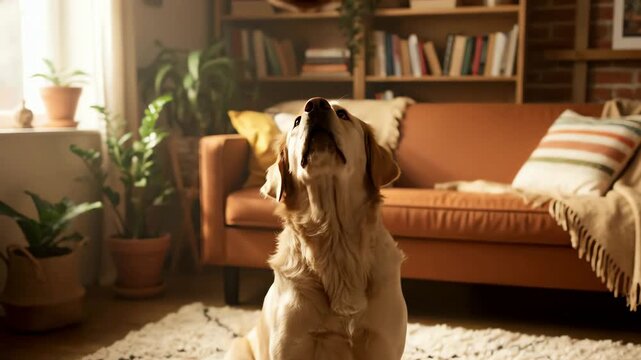 Adorable golden retriever dog sits expectantly looking up at a treat thrown in a cozy living room