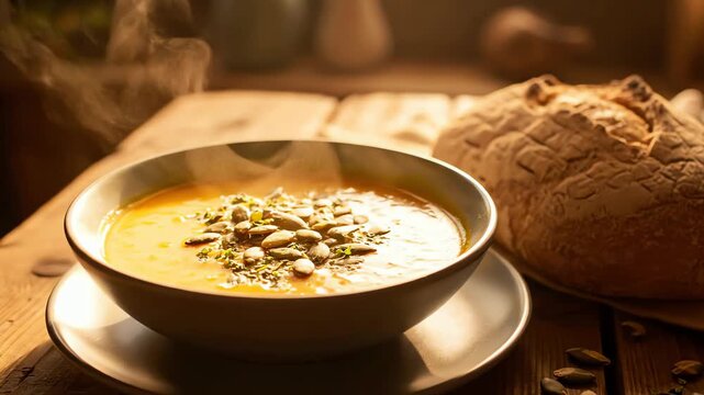 A warm bowl of steaming hot pumpkin soup with seeds and rustic bread on a wooden table.