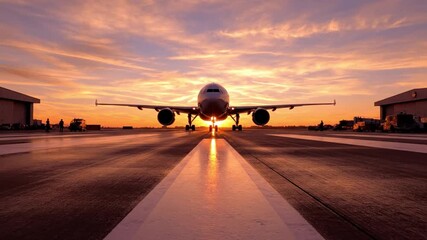 Airplane on runway at sunset with vibrant sky and calm atmosphere