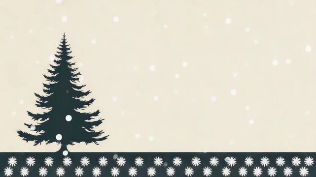 Minimalist pine tree silhouette against soft beige background with subtle light orbs