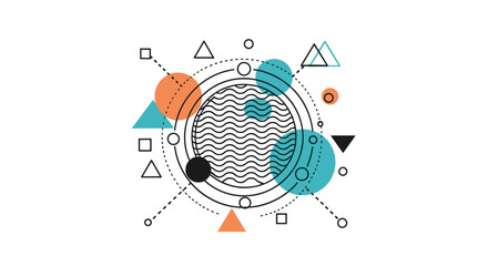 Obraz premium Modern abstract animation with a composition of geometric shapes like circles and triangles in a trendy memphis style with vibrant colors.