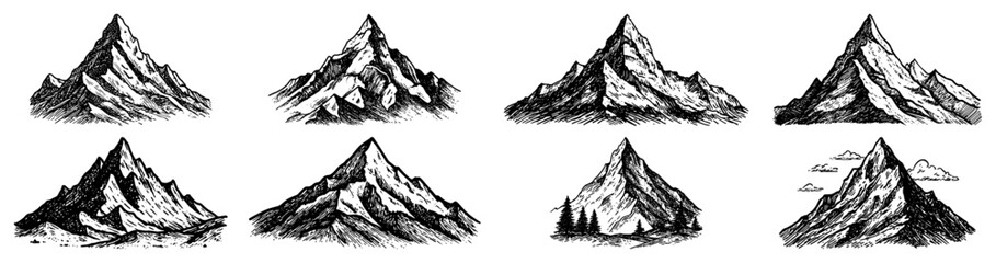 Set of hand drawn mountain peaks Vintage sketch of mountains for outdoor adventure and hiking logos Vector rock and nature illustration