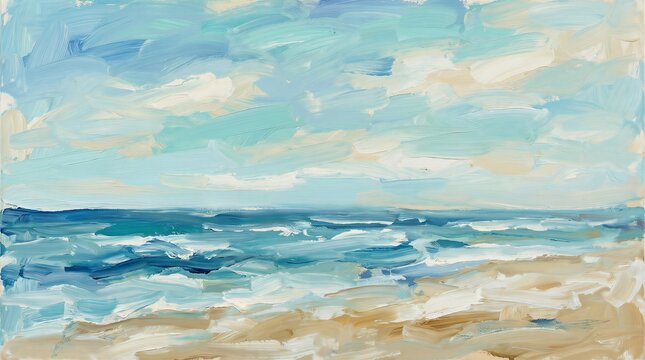 Abstract Digital Painting of Coastal Seascape with Beach, Ocean Waves and Cloudy Sky