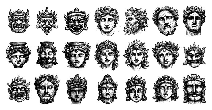 Big collection of mythological heads from around the world Ancient Greek Roman and Asian gods and demons Hand drawn vector sketch illustration
