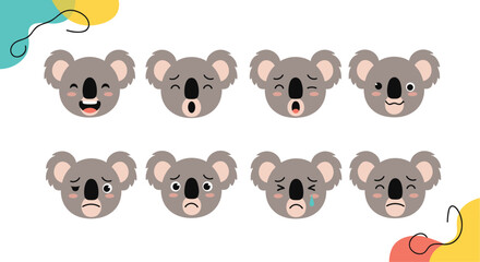 Obraz premium Set of eight cute koala bear head emoticons showing a wide range of emotions, including happy, sad, angry, surprised, and crying.