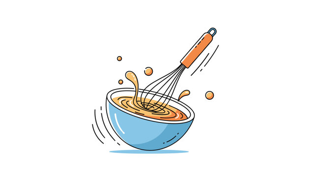 Fun cartoon animation of a wire whisk vigorously mixing batter in a blue bowl, with splashes flying out, representing baking and cooking.
