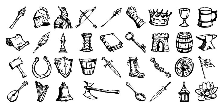 Set of medieval and fantasy doodle vector icons hand drawn RPG game sketch illustration collection