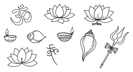 Hindu Religious Symbols Doodle Set Om Lotus Diya Trishula Icons