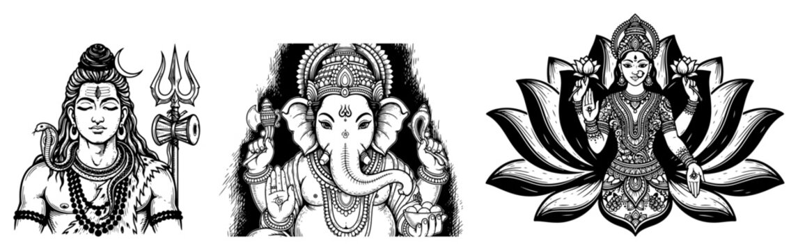 Hindu Gods and Goddesses Vintage Illustrations Set Shiva Ganesha Lakshmi