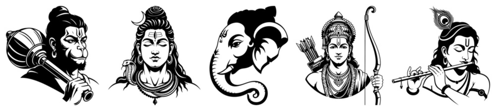 Hindu Gods Silhouette Portrait Collection Shiva Rama Krishna Hanuman