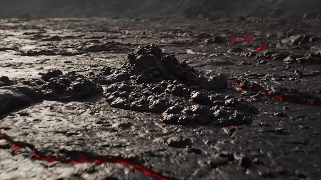 Molten igneous rock cooling and solidifying on a volcanic landscape