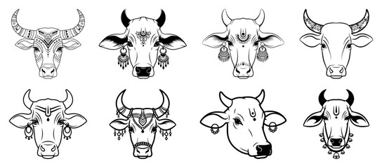 Obraz premium Set of sacred Indian cow and bull heads Collection of holy Hindu animal symbols with traditional decoration Vector illustration