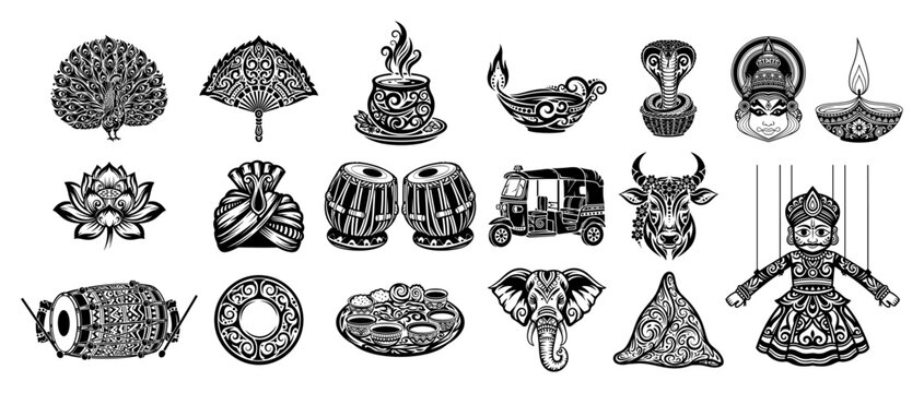 Big collection of vintage Indian cultural icons Set of traditional symbols of India in detailed monochrome style Vector illustration
