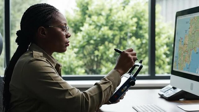 Focused professional woman with braided hair wearing glasses and a khaki jacket analyzes data on a handheld device in an office setting with a computer displaying a map