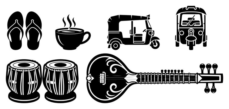 Set of Indian cultural icons in silhouette style Vector glyph collection with sitar tabla drums and auto rickshaw