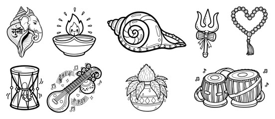 Hindu Puja Items Doodle Set Indian Religious and Cultural Symbols