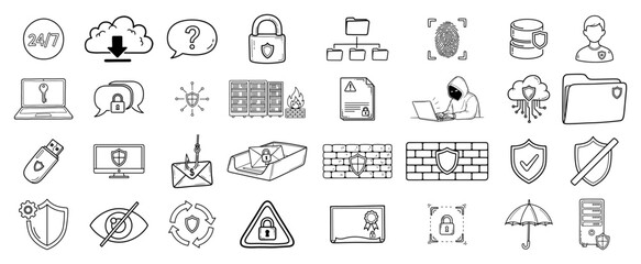 Cybersecurity and data protection vector doodle icon set hand drawn internet security symbols collection