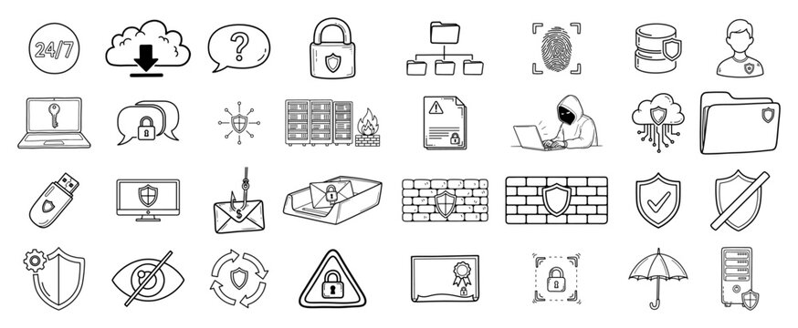 Cybersecurity and data protection vector doodle icon set hand drawn internet security symbols collection