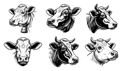 Cow and Bull Head Vintage Icon Set Farm Animal Engraving Illustrations