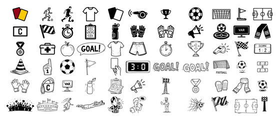 Large set of football and soccer vector doodle icons hand drawn sport equipment and symbols collection
