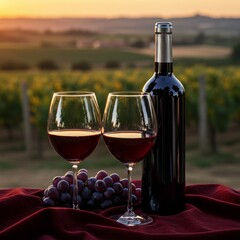 Fototapeta premium Red wine pours at sunset in a vineyard