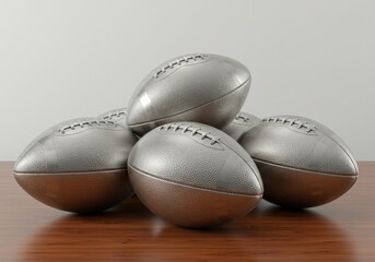 Footballs rest on wooden surface in still life