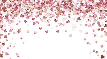 Sparkling pink and rose gold glitter hearts falling, white copy space