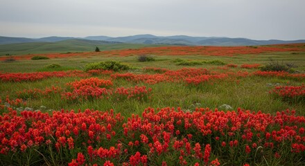 Wildflowers bloom abundantly on rolling in a vast prairie landscape