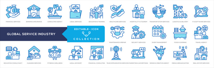 Fototapeta premium Global service Industry Icon Collection. Financial Service, Banking Insurance, Legal Service
