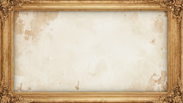 An antique gold ornate frame surrounding a blank, weathered canvas with peeling paint and aged texture.