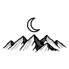 Simple black and white illustration of mountains under a crescent moon.