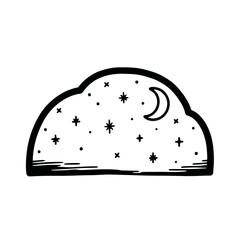 Simple black and white illustration of a night sky with stars and moon.