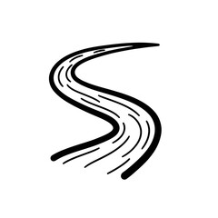 Simple black and white illustration of a winding road.