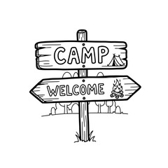 Camping welcome sign with wooden boards and camping elements.