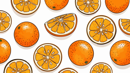 Vibrant seamless pattern featuring hand drawn whole and sliced oranges on a clean white background
