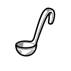 Black and white illustration of a ladle with a long curved handle.