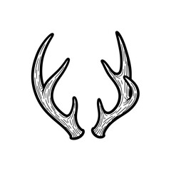 Illustration of a pair of deer antlers in black and white.