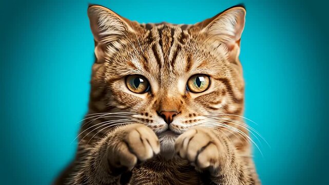 Adorable tabby cat with big eyes and paws up purring softly in a studio portrait against a teal background