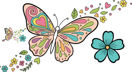 Obraz premium Whimsical colorful butterfly illustration with flowing hearts and floral elements on a black background