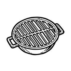 A classic hand-drawn illustration depicting a portable outdoor barbecue grill with a cooking grate, perfect for summer cookouts and backyard parties.