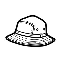 A simple black and white line art illustration depicts a classic bucket hat, perfect for outdoor adventures and casual fashion.