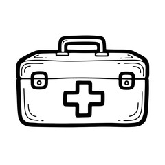 A simple line drawing of a classic first aid kit with a distinctive cross symbol, representing essential medical care and emergency preparedness.