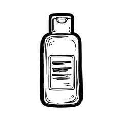 A minimalist hand-drawn illustration captures a compact bottle with a flip-top cap, perfect for travel-sized toiletries or sanitizing liquid.